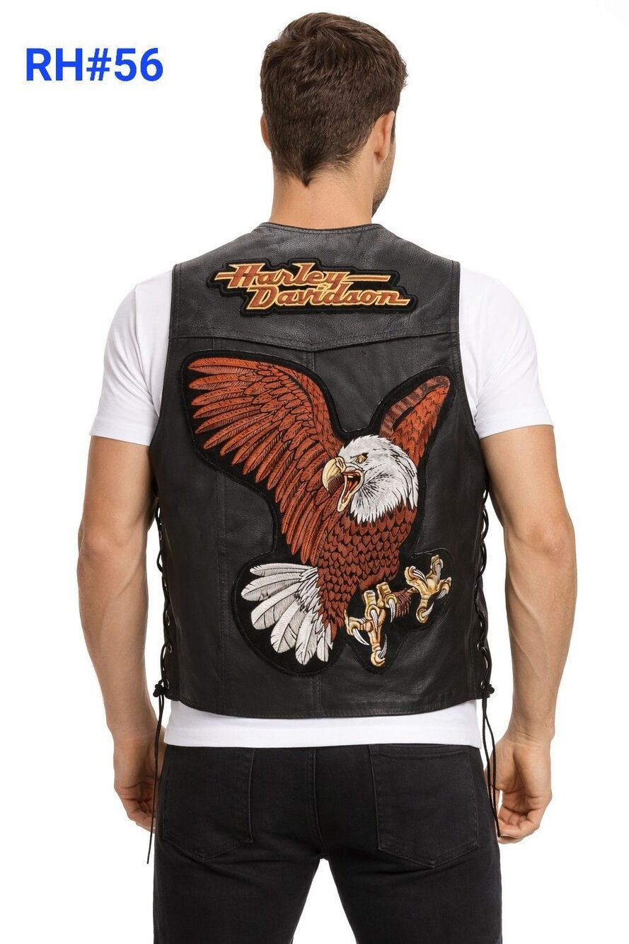 Mens Genuine Leather Vest w/Harley Davidson & Eagle Back Patched - RH#56